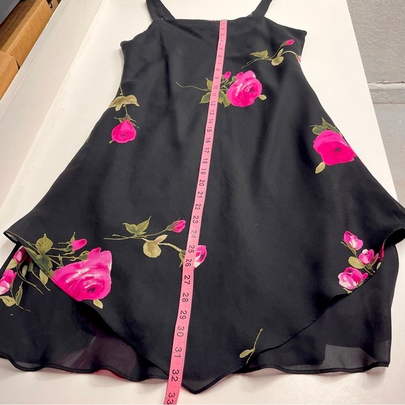 Black pink floral dress y2k style asymmetrical mesh overlay lined dark floral - Picture 7 of 10